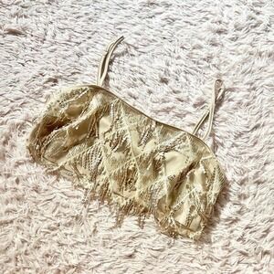 Whimsical Fairy Glam Fringe Sequin Neutral Crop Top Womens L Festival Rave Party
